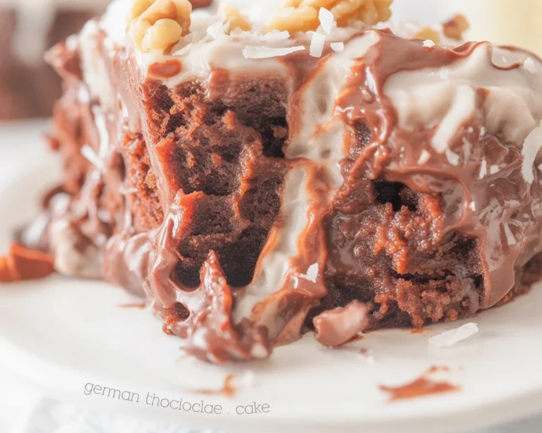 Delicious German Chocolate Poke Cake topped with coconut pecan frosting and rich ganache.