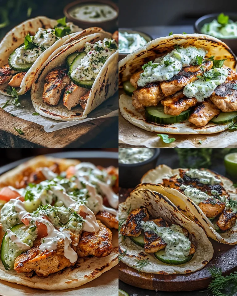 Plate of Greek Chicken Gyros with cucumber tzatziki sauce and fresh vegetables