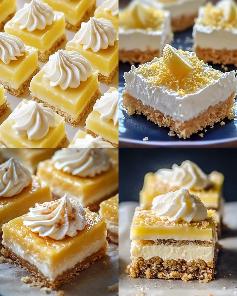 Lazy Day Lemon Cream Pie Bars topped with whipped cream and lemon zest