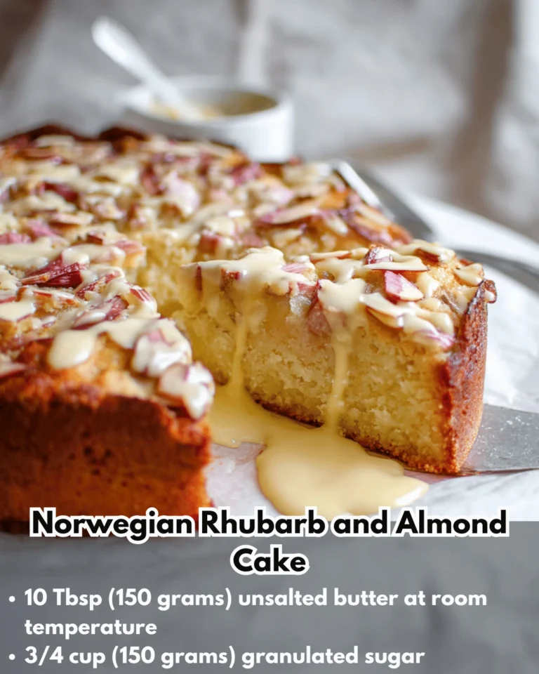 Delicious Norwegian Rhubarb and Almond Cake with vibrant rhubarb topping