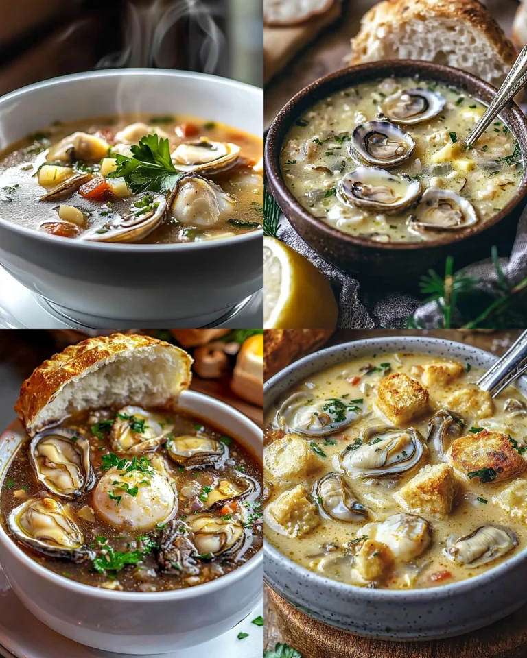 Delicious bowl of oyster stew with herbs and spices on a wooden table.