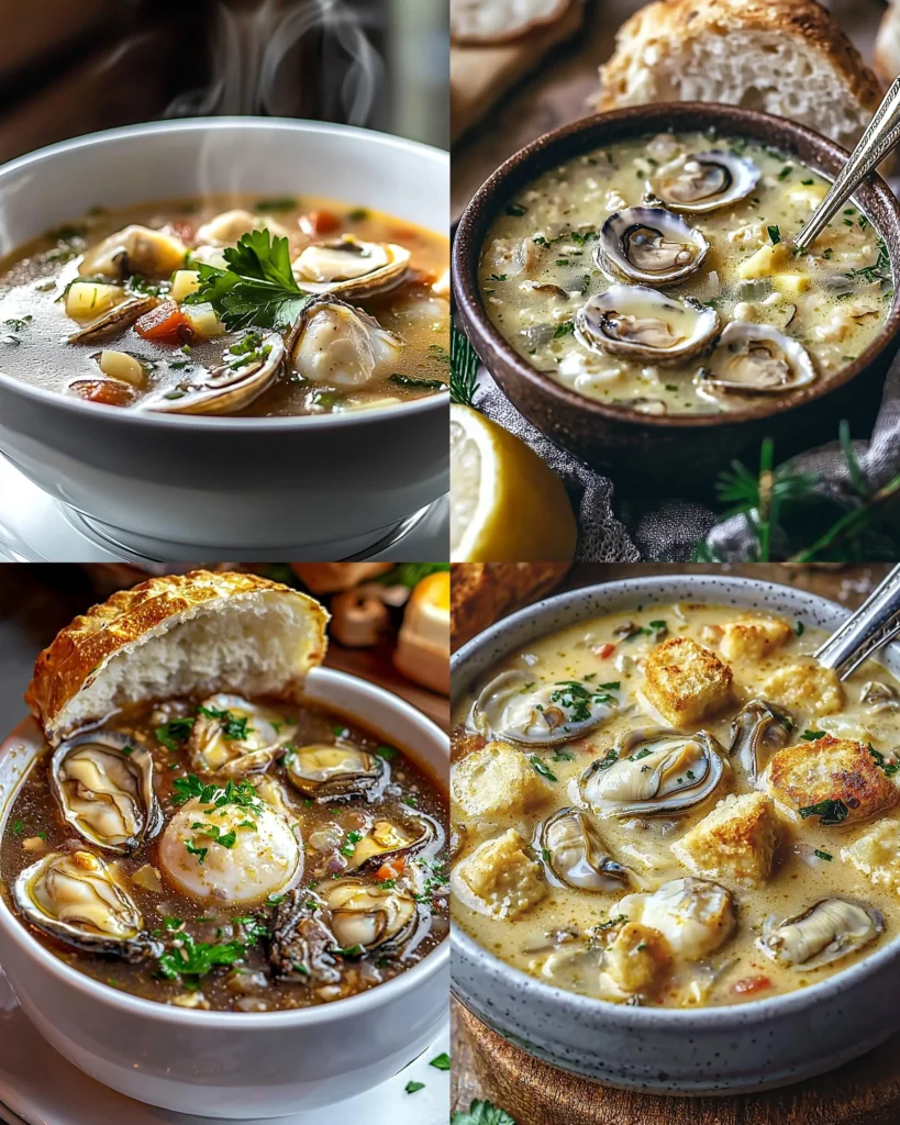Delicious bowl of oyster stew with herbs and spices on a wooden table.