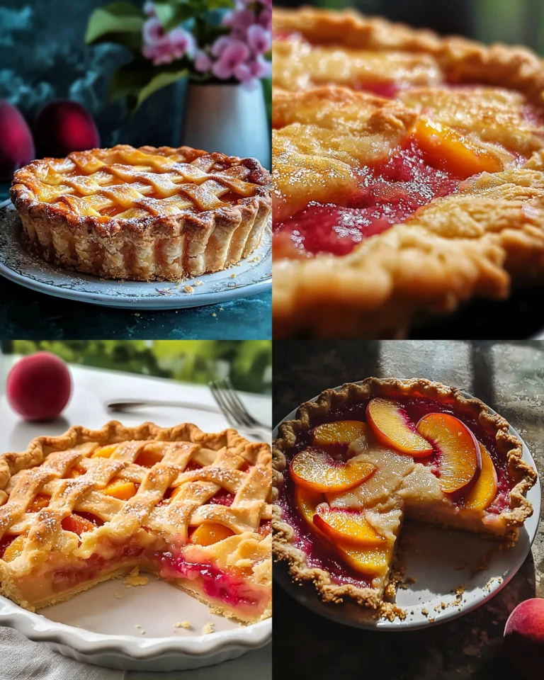Freshly baked peach rhubarb pie with golden crust and vibrant filling