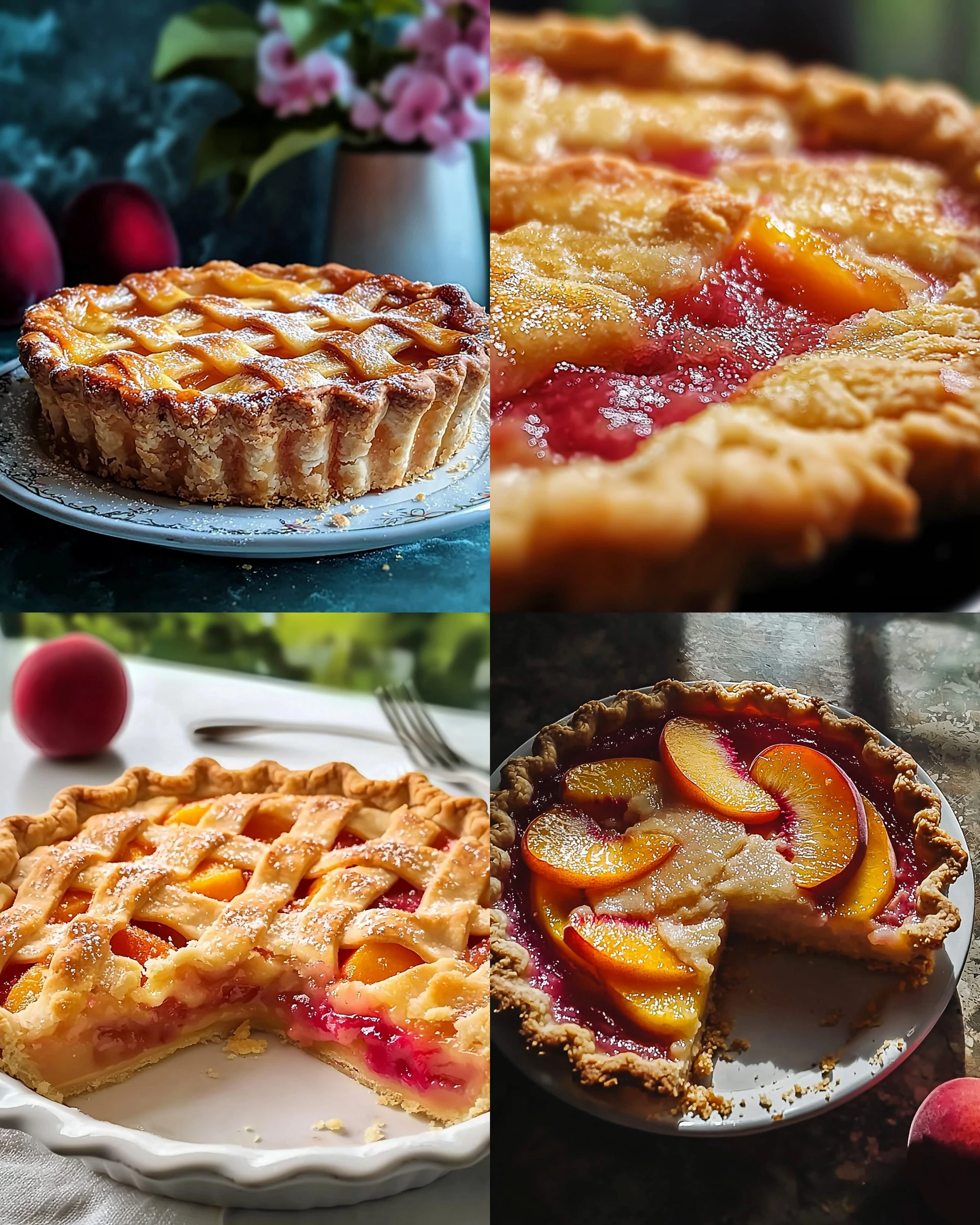 Freshly baked peach rhubarb pie with golden crust and vibrant filling