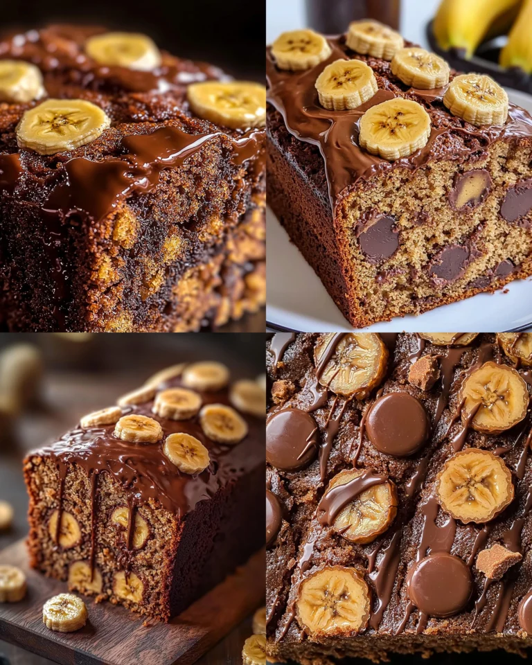 Loaf of Reese's Peanut Butter Banana Bread garnished with banana slices and peanut butter