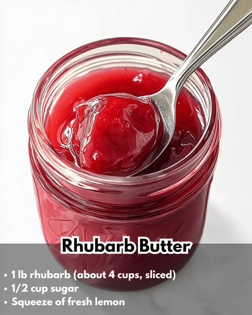Homemade rhubarb butter in a jar with a spoon on a wooden table