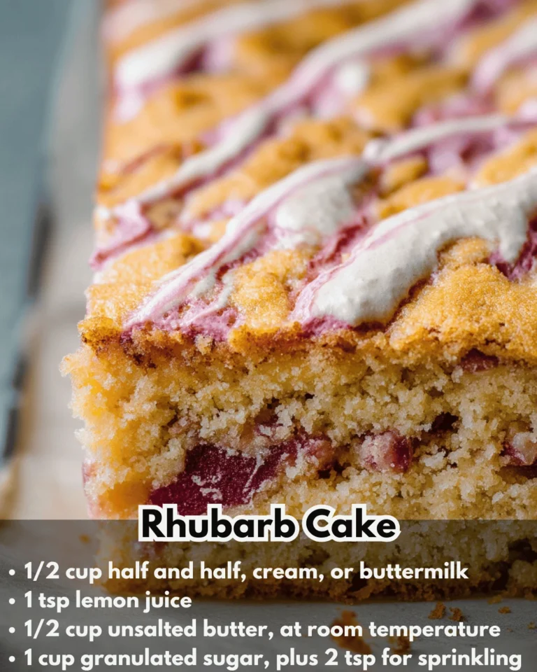 Delicious slice of homemade rhubarb cake topped with cream.