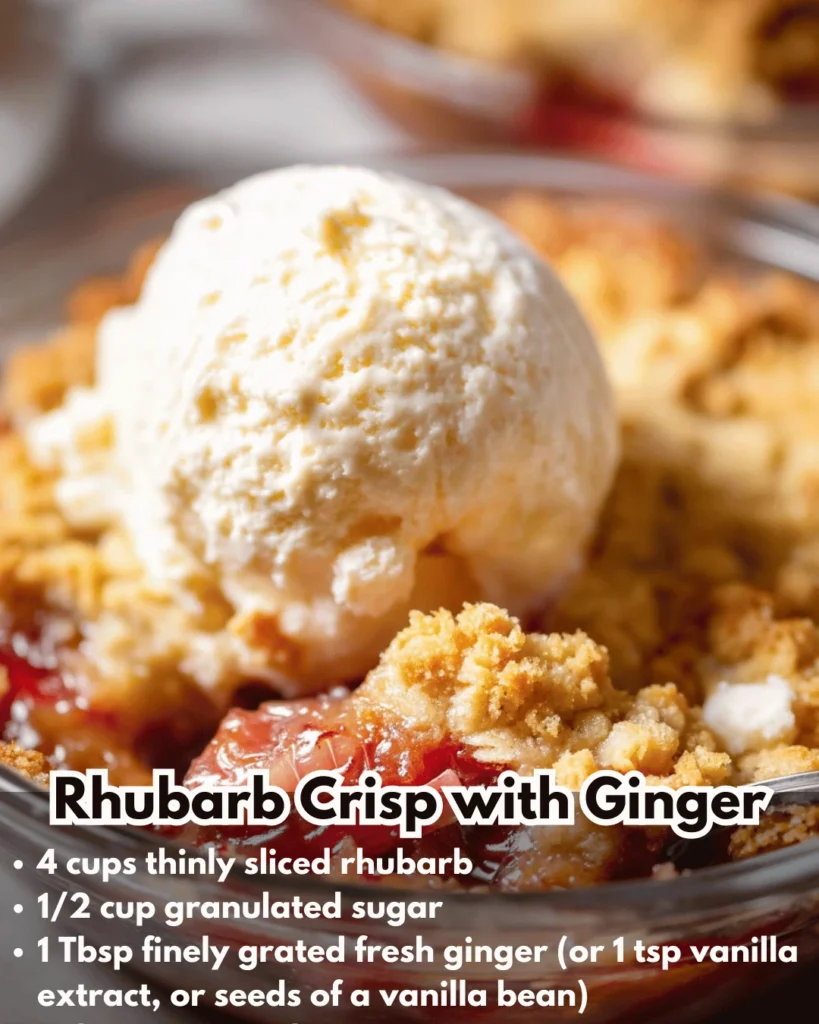 Rhubarb crisp topped with ginger and a golden oat crumble.