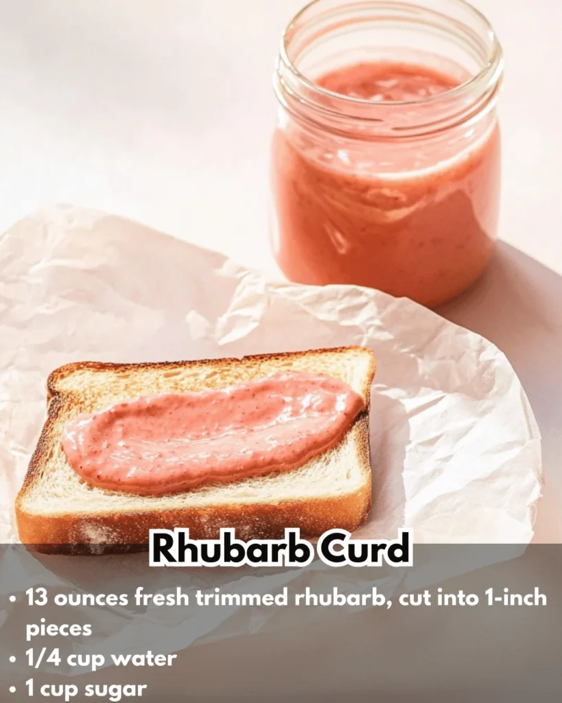 A jar of homemade rhubarb curd with fresh rhubarb stalks beside it.