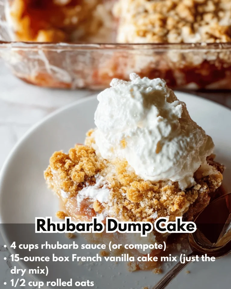 Delicious rhubarb dump cake served with whipped cream