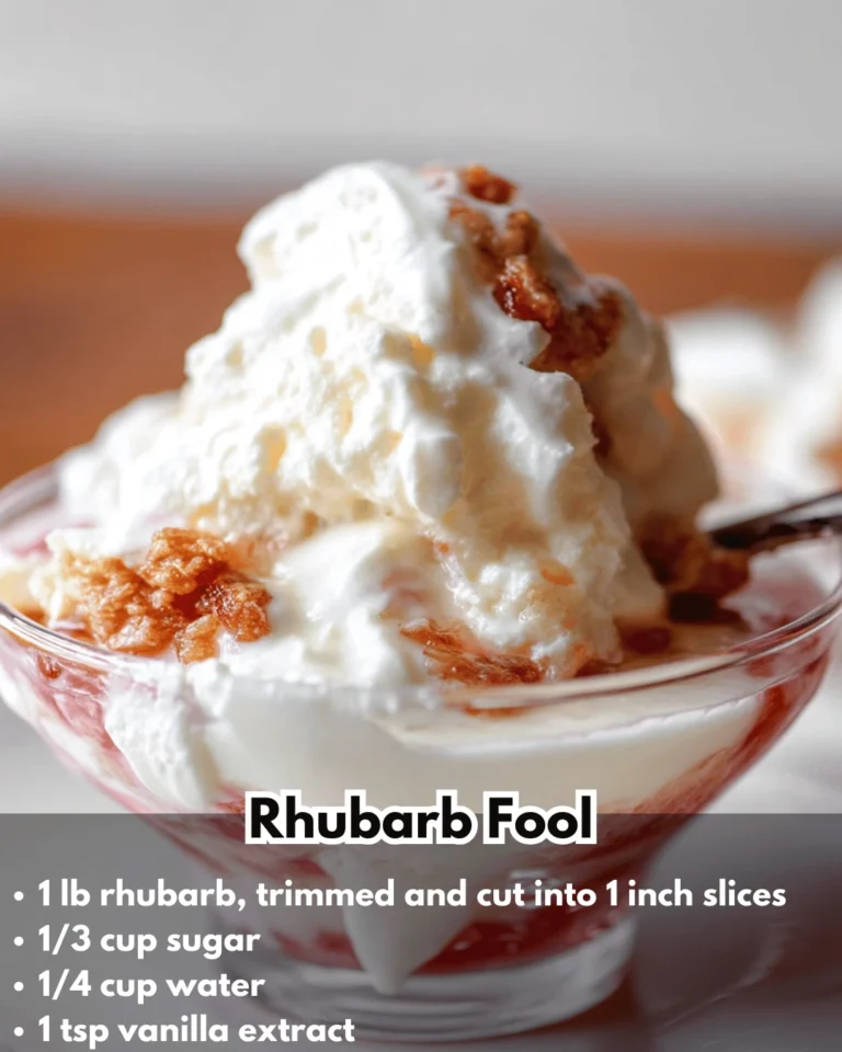 Delicious rhubarb fool dessert in a glass with whipped cream and fresh rhubarb.