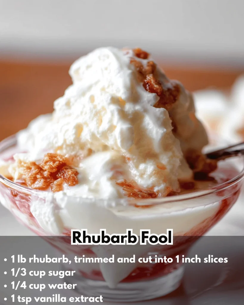 Delicious rhubarb fool dessert in a glass with whipped cream and fresh rhubarb.