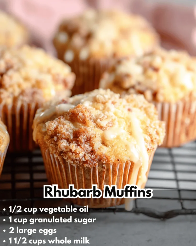 Freshly baked rhubarb muffins topped with a light glaze and rhubarb pieces
