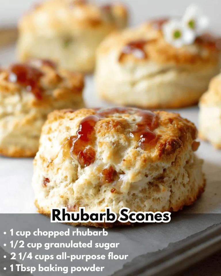 Freshly baked rhubarb scones on a plate with a cup of tea