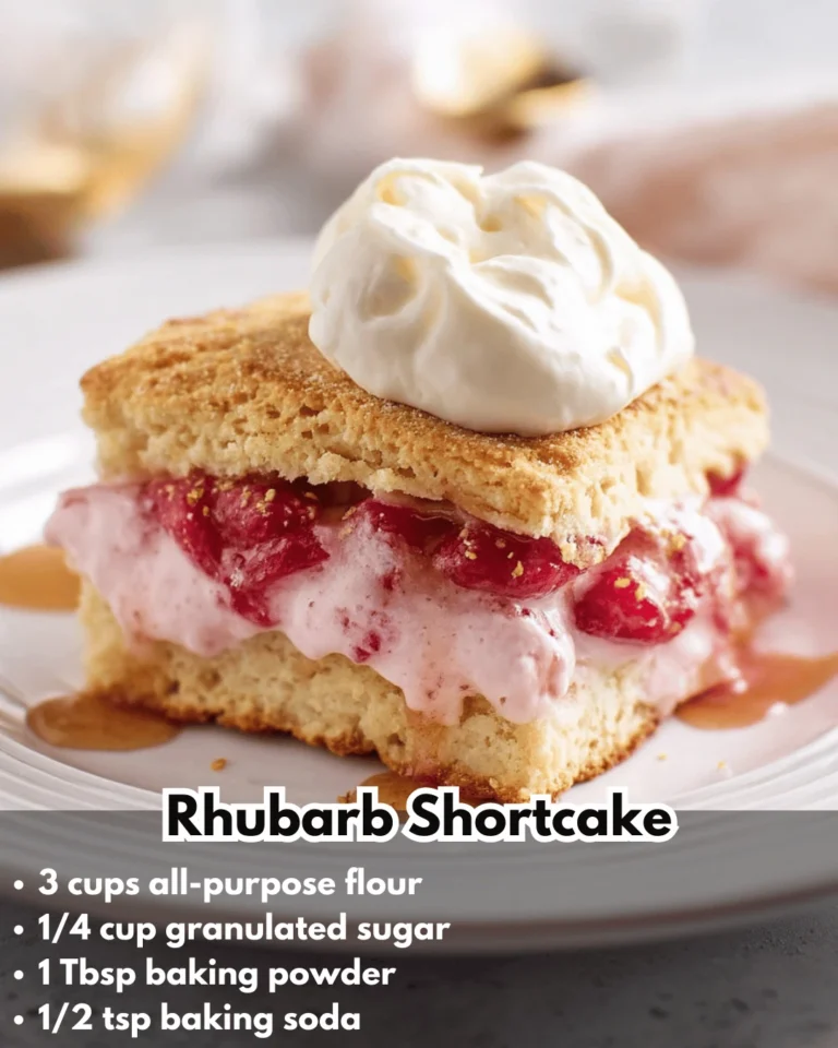Rhubarb shortcake dessert with whipped cream and fresh rhubarb on a plate.
