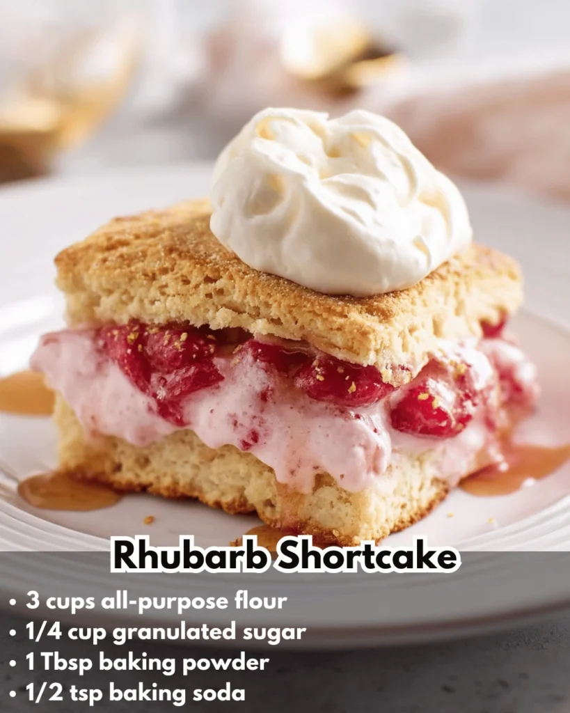 Rhubarb shortcake dessert with whipped cream and fresh rhubarb on a plate.