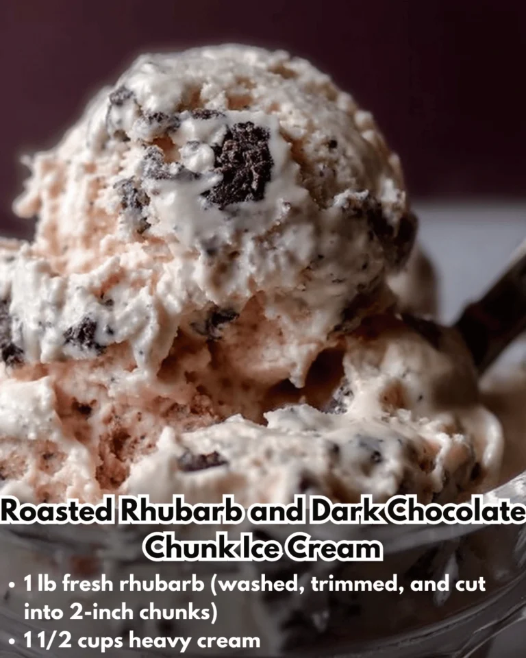 Bowl of roasted rhubarb and dark chocolate chunk ice cream topped with chocolate pieces