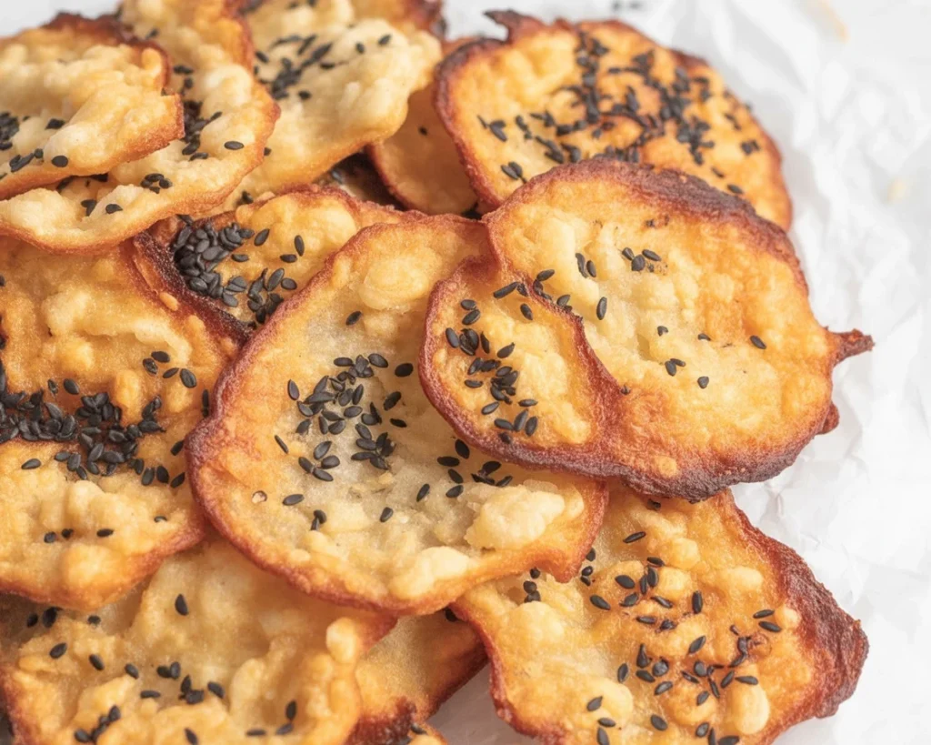 Homemade one ingredient cottage cheese chips, a healthy and crunchy snack.