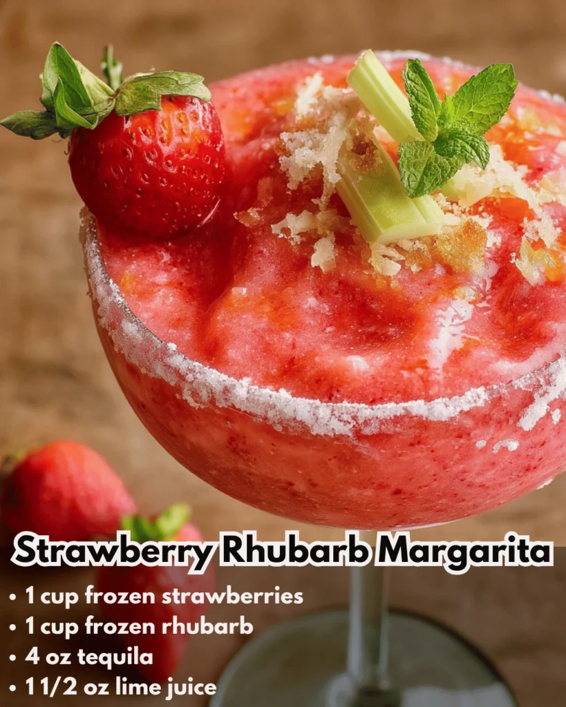 Delicious Strawberry Rhubarb Margarita garnished with fresh fruit