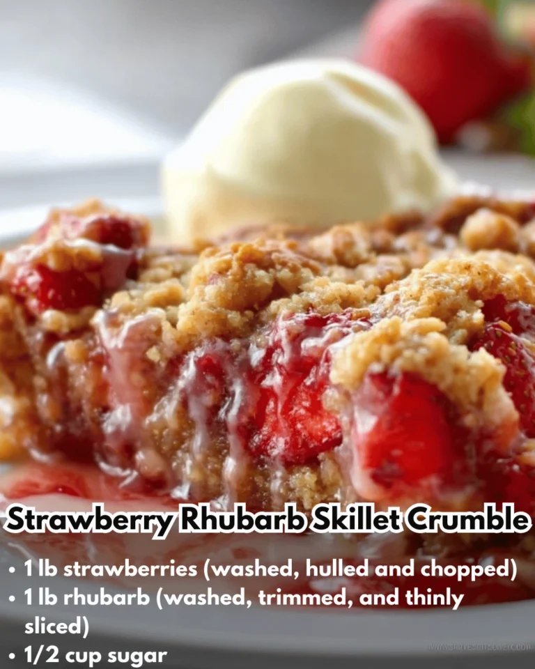 Delicious strawberry rhubarb skillet crumble served in a cast iron pan