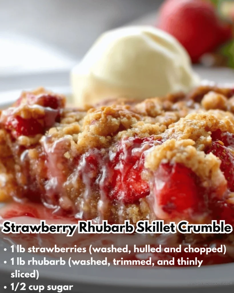 Delicious strawberry rhubarb skillet crumble served in a cast iron pan