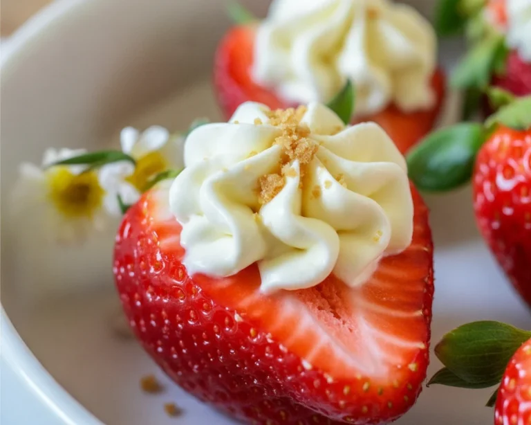 Delicious cheesecake deviled strawberries filled with creamy filling and graham cracker topping.
