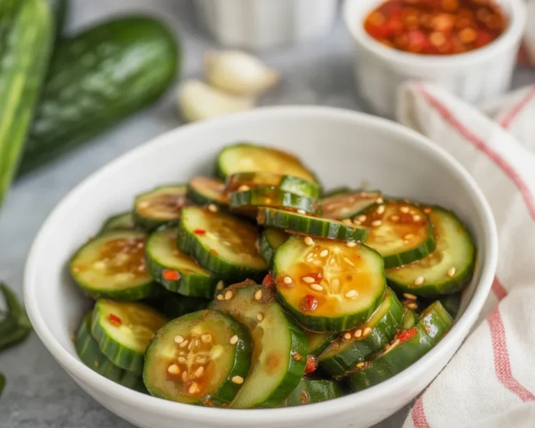 Spicy Korean Cucumber Salad (Oi Muchim) served in a bowl, garnished with scallions and sesame seeds.