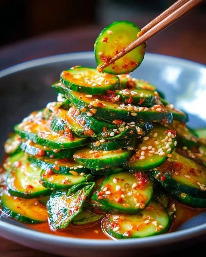 Bowl of spicy Korean cucumber salad with red pepper flakes and sesame seeds