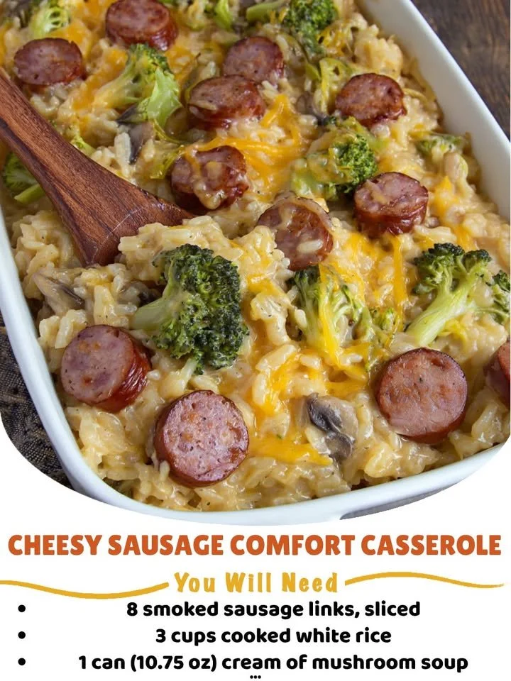 Cheesy Sausage Comfort Casserole topped with melted cheese in a baking dish