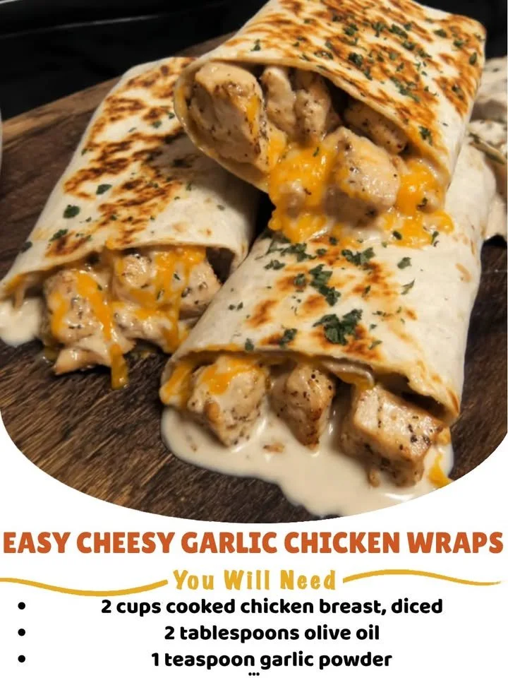Easy Cheesy Garlic Chicken Wraps with fresh ingredients and melted cheese