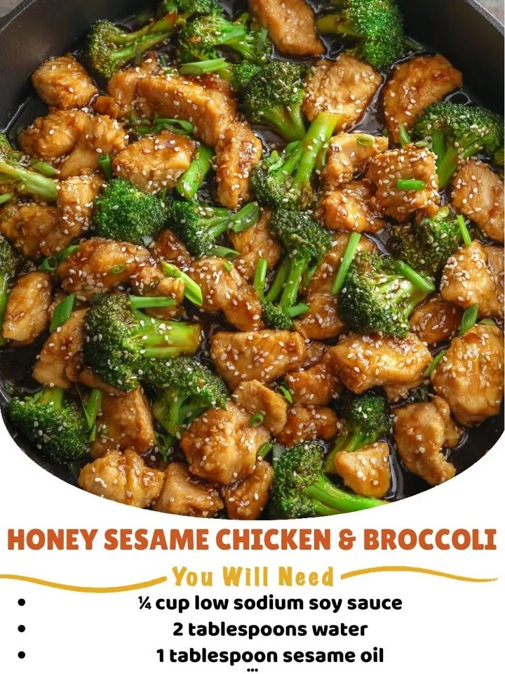 Delicious Honey Sesame Chicken with Broccoli served on a white plate