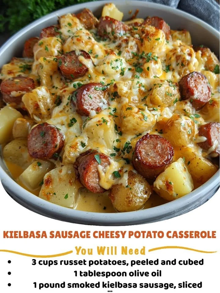 Delicious kielbasa sausage cheesy potato casserole dish