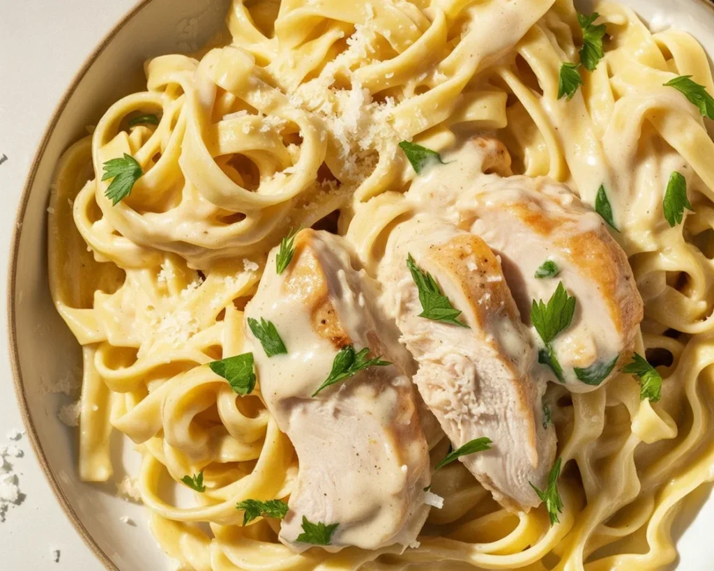 Delicious Chicken Alfredo Pasta with creamy sauce and juicy chicken strips served in a bowl.