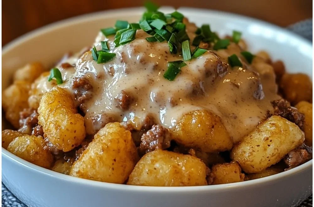 Delicious Tater Tot Breakfast Bowl with sausage gravy on top
