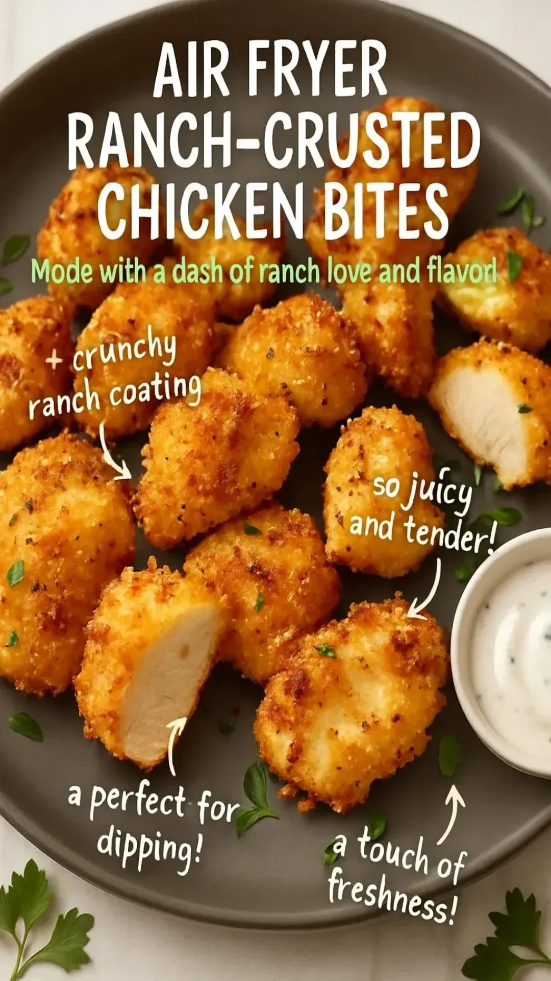 Air Fryer Ranch-Crusted Chicken Bites ready to serve