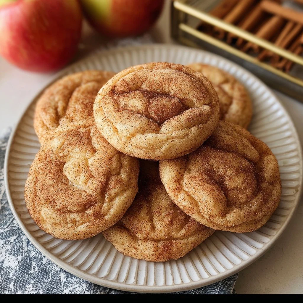 Freshly baked Apple Snickerdoodles cookies with cinnamon and apple pieces.