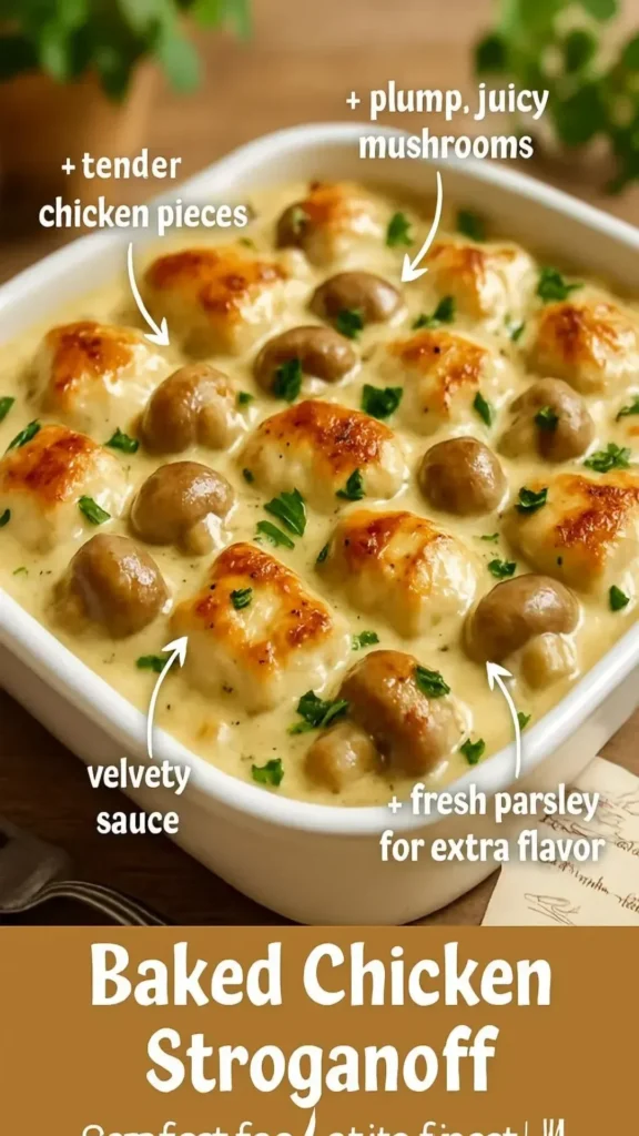 Delicious Baked Chicken Stroganoff served in a bowl with noodles and herbs