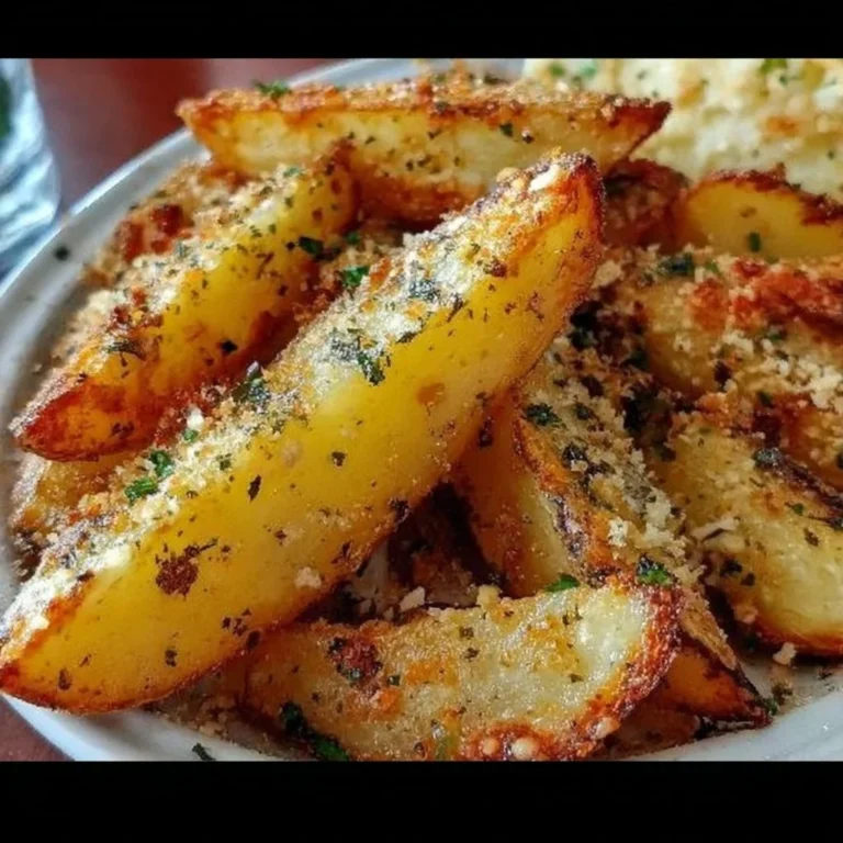 Baked garlic parmesan potato wedges served on a plate