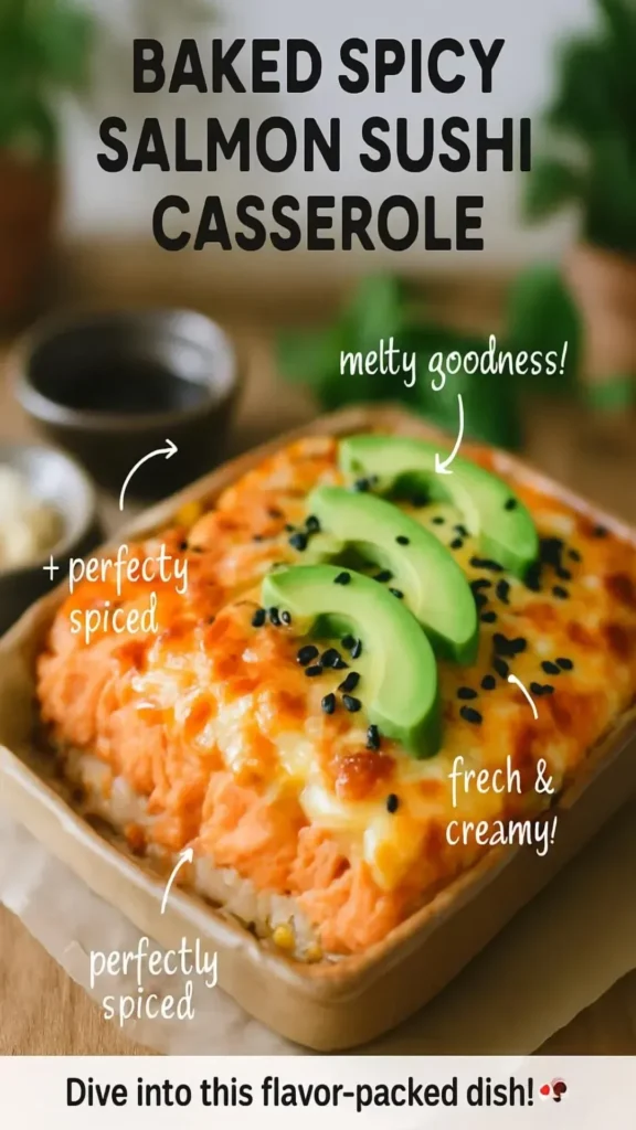 Baked spicy salmon sushi casserole topped with avocado and eel sauce.