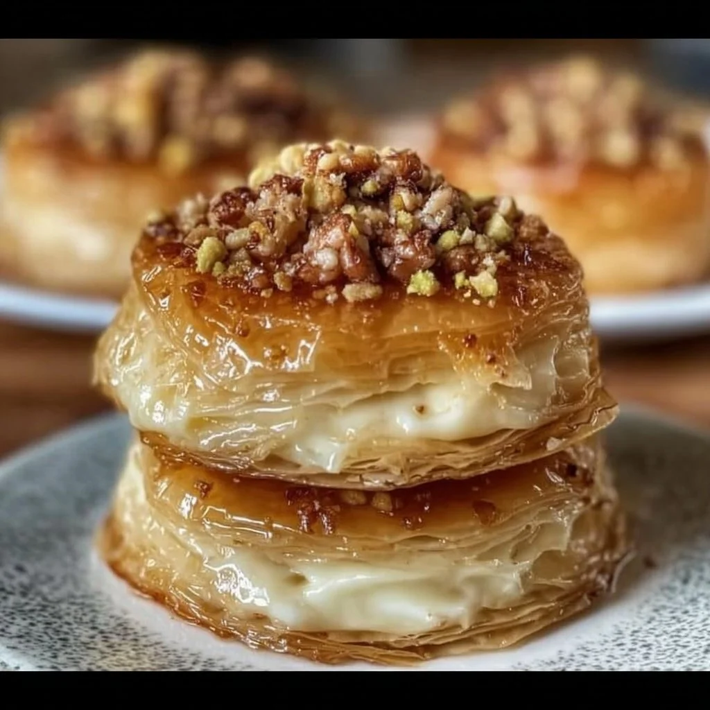 Delicious Baklava Cheesecake Cookies drizzled with honey and topped with pistachios.