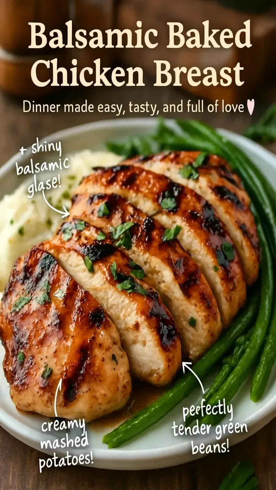 Delicious balsamic baked chicken breast served with vegetables