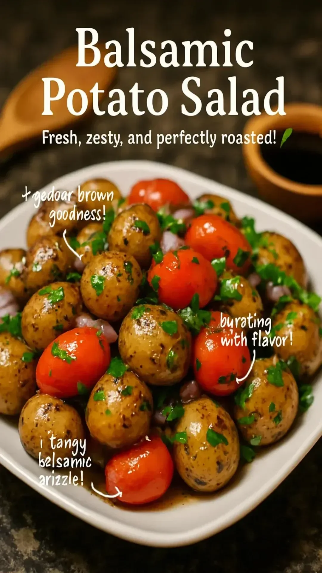 Balsamic Potato Salad served in a bowl with fresh herbs and vegetables