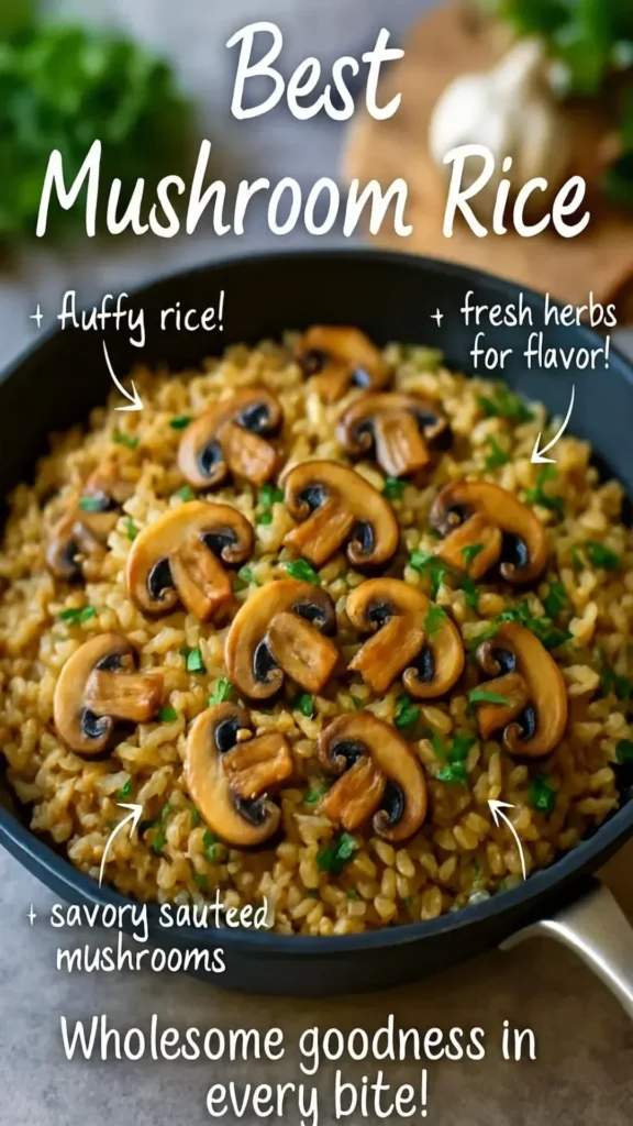 Delicious mushroom rice dish garnished with fresh herbs and served in a bowl.