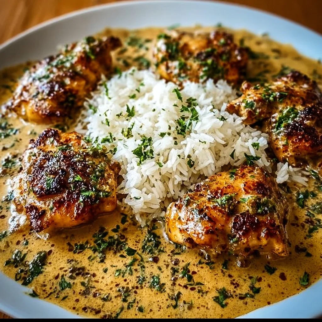 Delicious plate of smothered chicken with rice and gravy