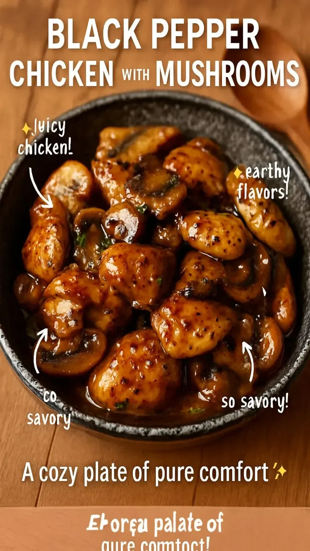 Delicious black pepper chicken with mushrooms served on a plate