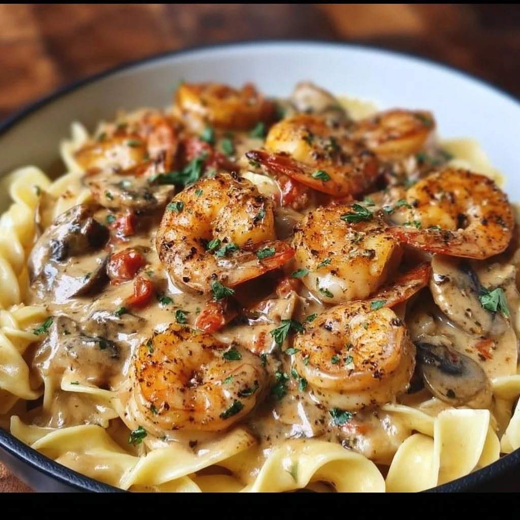 Delicious blackened shrimp stroganoff served on a plate with creamy sauce