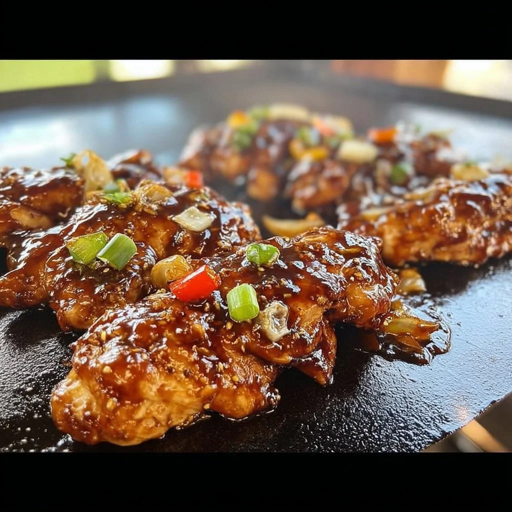 Delicious Blackstone Bourbon Chicken served on a plate