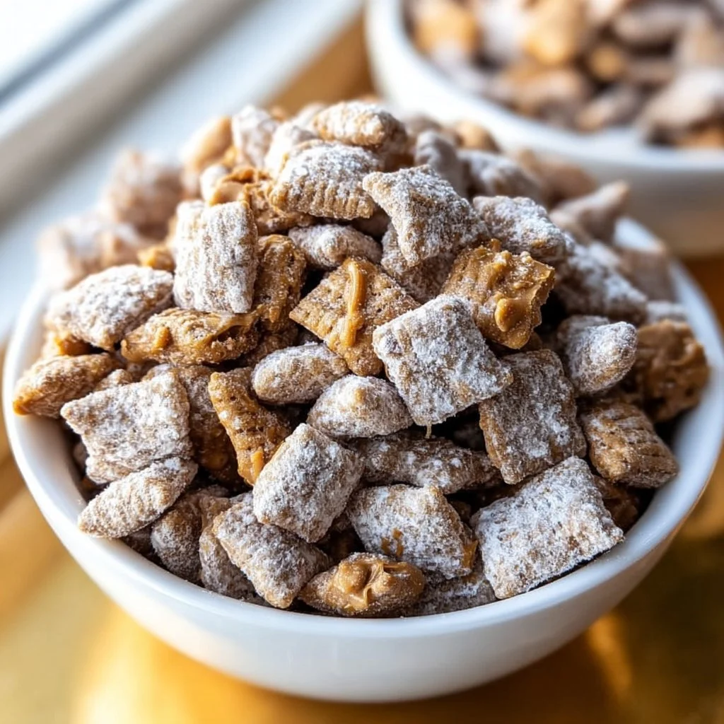 Delicious Butterfinger Puppy Chow dessert snack with chocolate and peanut butter.