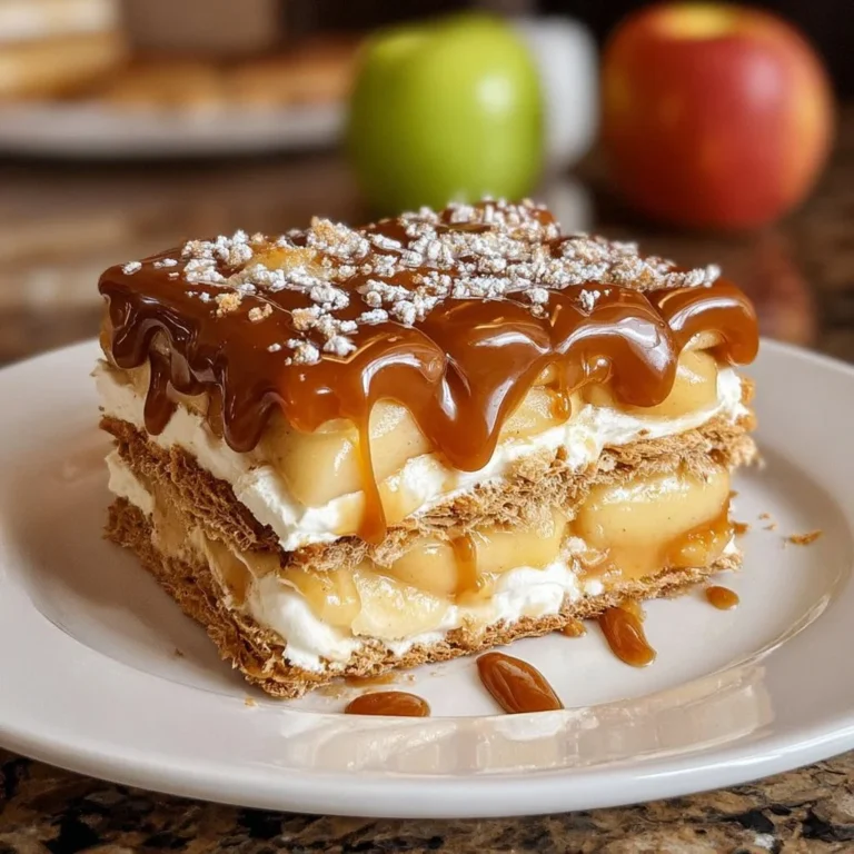 Delicious Caramel Apple Eclair Cake with caramel drizzle and apple slices