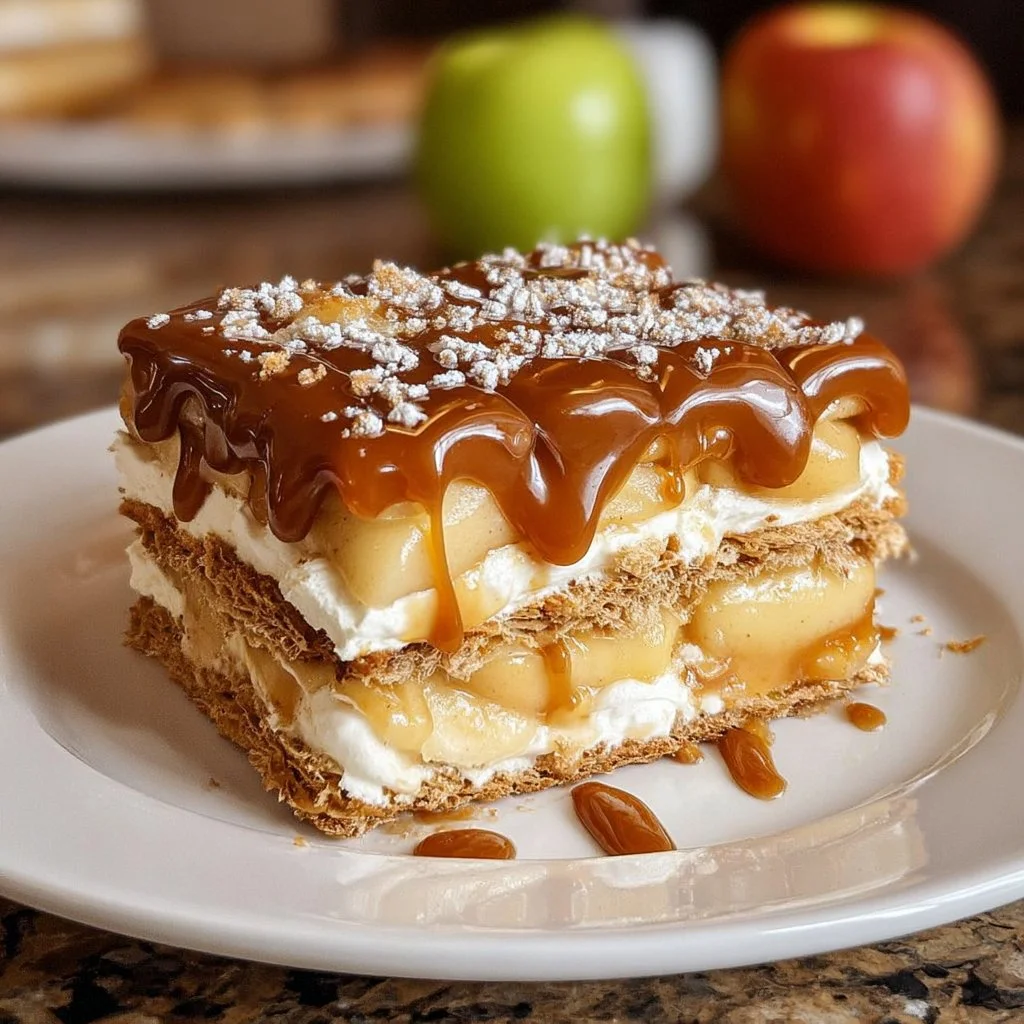 Delicious Caramel Apple Eclair Cake with caramel drizzle and apple slices
